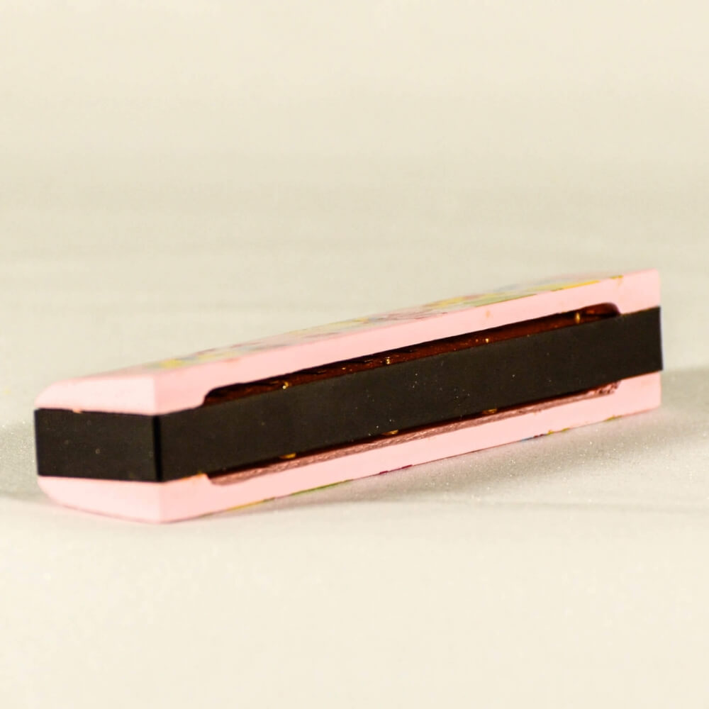 Ροζ ξύλινη φυσαρμόνικα με μανιτάρια 13cm-11356